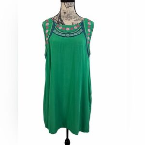 JODIFL Green Pink Floral Embroidered Sleeveless Tunic Dress Size L Boho Style